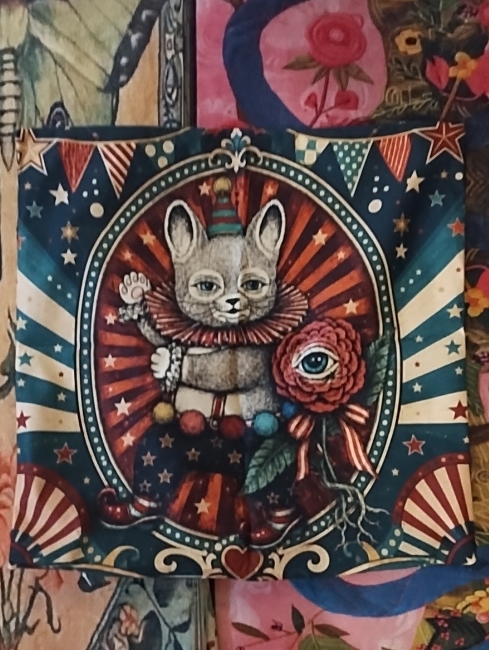 Vintage Circus Bunny Illustration Pillow Case Multicolor